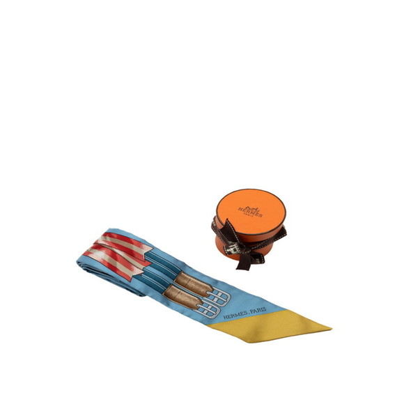 HERMES Twilly Bowtie Suspender Scarf Muffler Light Blue Multicolor Silk Women's - Picture 5 of 5